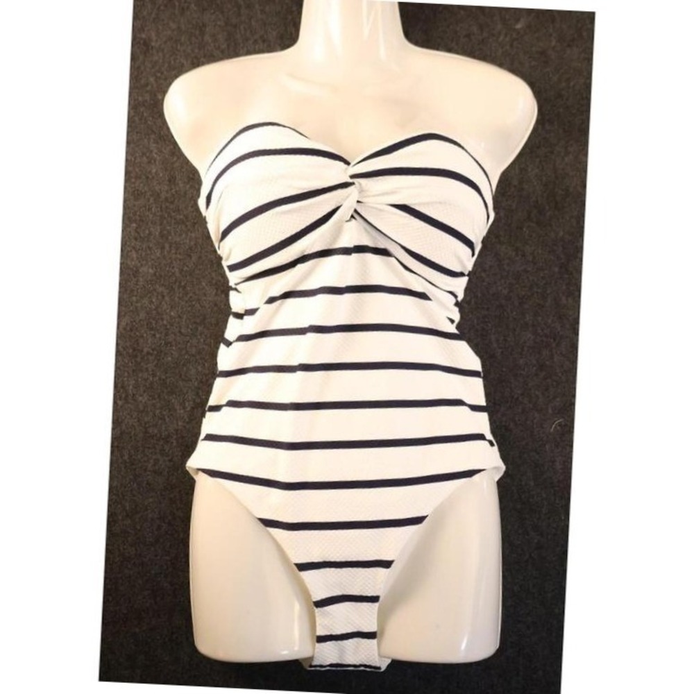 Calia Womens Size 4 White Navy Stripe Strapless One Piece Swimsuit NWT